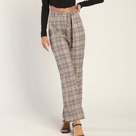 LULU'S Making a Statement Pink Multi Plaid Tie-Front Trouser Pants Women's Sz.L - Picture 1 of 7